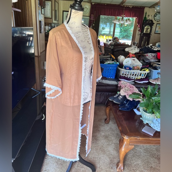 NWT LuLaRoe Womens Chloe Kimono Sz S Brown w White Lace Trim Short Sleeve NWT - Picture 10 of 16